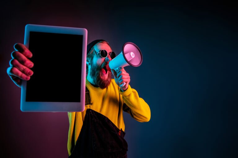 مدونة فلك Caucasian man's portrait isolated on gradient studio background in neon light